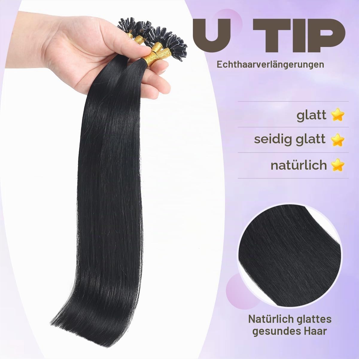 Sindra Echthaar Extensions Bondings 50cm Schwarz | Keratin Echthaar Extensions, 50g 50 Stränge, U Tip Extensions Echthaar, Seidig Gerade, Haarverlängerung, 20 Zoll