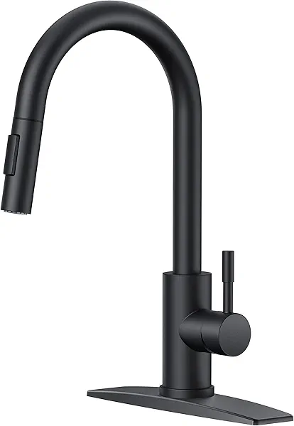 FORIOUS Black Kitchen Faucet with Pull Down Sprayer, High Arc Modern Classic Sink Faucet Stainless Steel with Deck Plate Fit for 1 or 3 Hole for Pot Filler Bar Farmhouse Laundry Rv