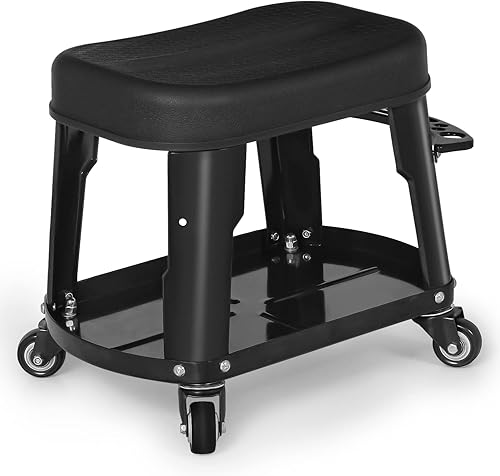 Magshion Taburete mecánico con soporte para taburete integrado, taburete de taller duradero con 4 ruedas silenciosas, capacidad de 300 libras,