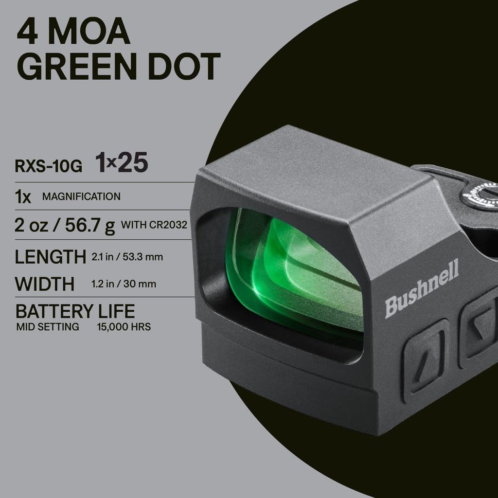 Bushnell RXS-10G Green Dot Sight – 4 MOA, DeltaPoint Pro Footprint, Aluminum Housing, Shake Awake, Auto Brightness