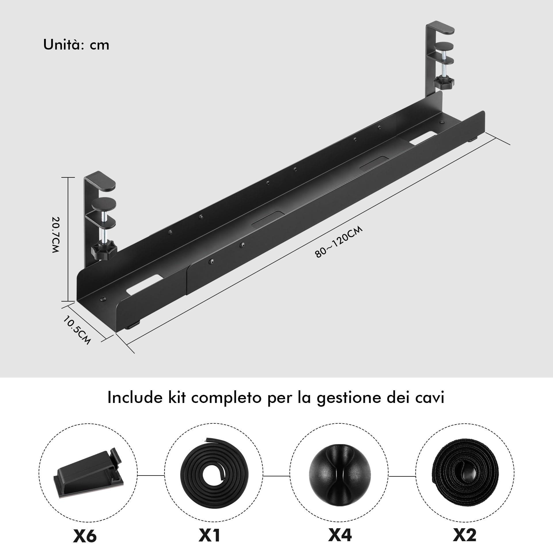 Mimoke Canalina per cavi da scrivania - da 800 a 1200 mm allungabile per la gestione dei cavi Scrivania con accessori Facile montaggio a morsetto (nero)