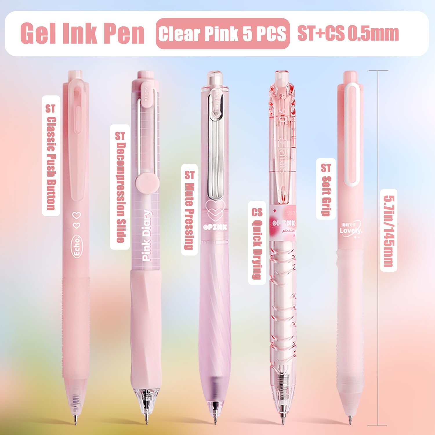 Pastell-Gelschreiber-Set, niedliche Notizen, 0,5 mm feine Spitze, einziehbar, 10 Stück, schwarze Tinte, für Schreiben, Tagebuch, Schule, Büro, 10 Stück (Rosa)