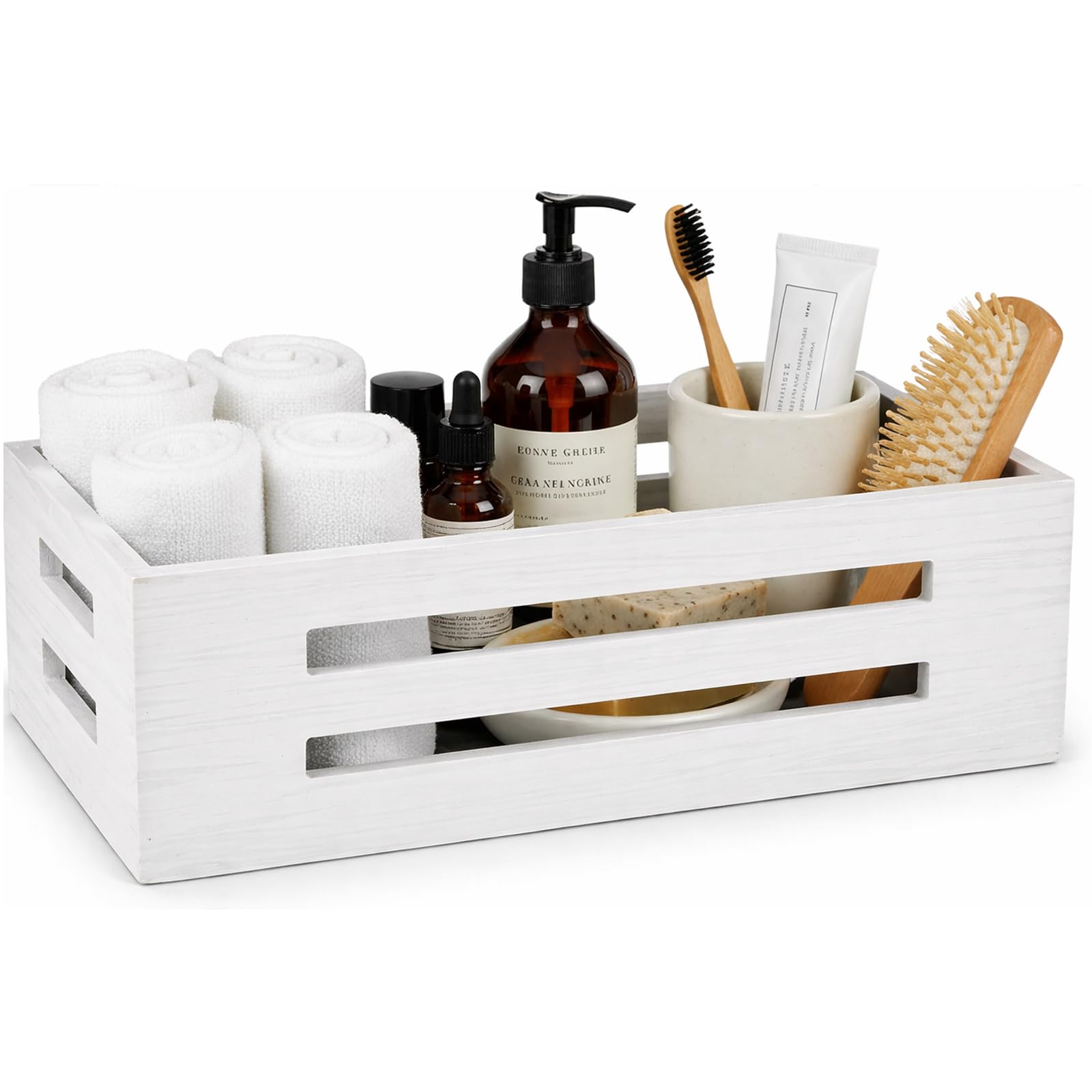 Punorric Wooden Toilet Paper Basket, White Bathroom Storage Basket with Handle, Toilet Paper Organiser Tray for Bath, Bathroom Accessories Holder for Home Kitchen Organisation and Decor — image 1