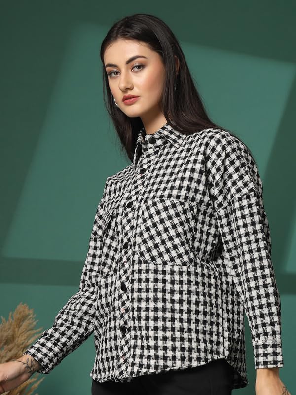 Image of CHKOKKO Tweed Women Oversized Winter Shacket Stylish Standard Length Coat Plaid Jacket Shirt