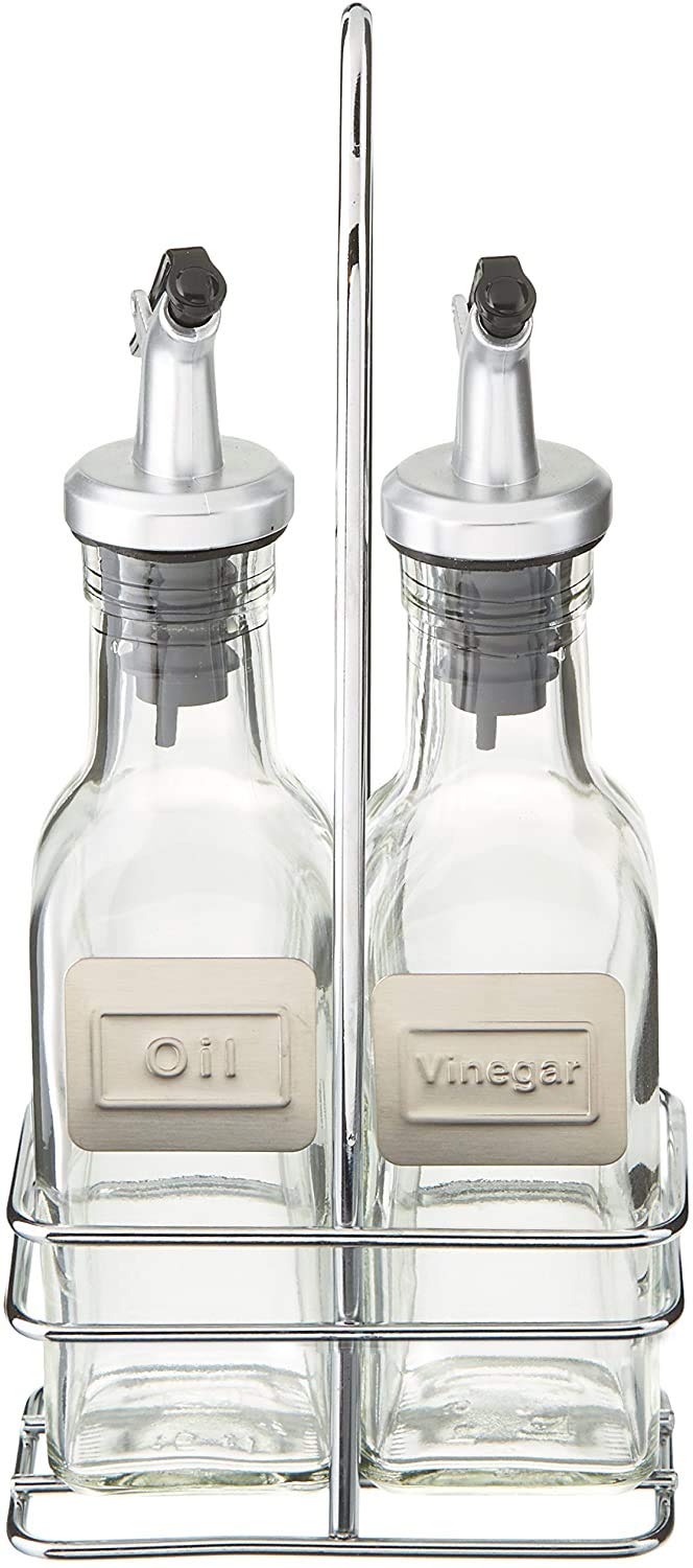 CUISINOX Cruet Oil and Vinegar Bottles Set with Dripless Spouts and Wire Caddy, English Labels - 6 oz. each