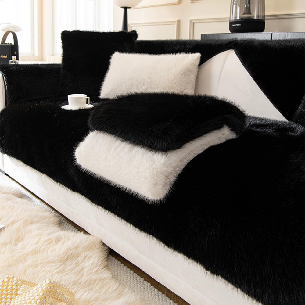 Housse de canapé fausse fourrure noire luxe protection d'hiver 90x160