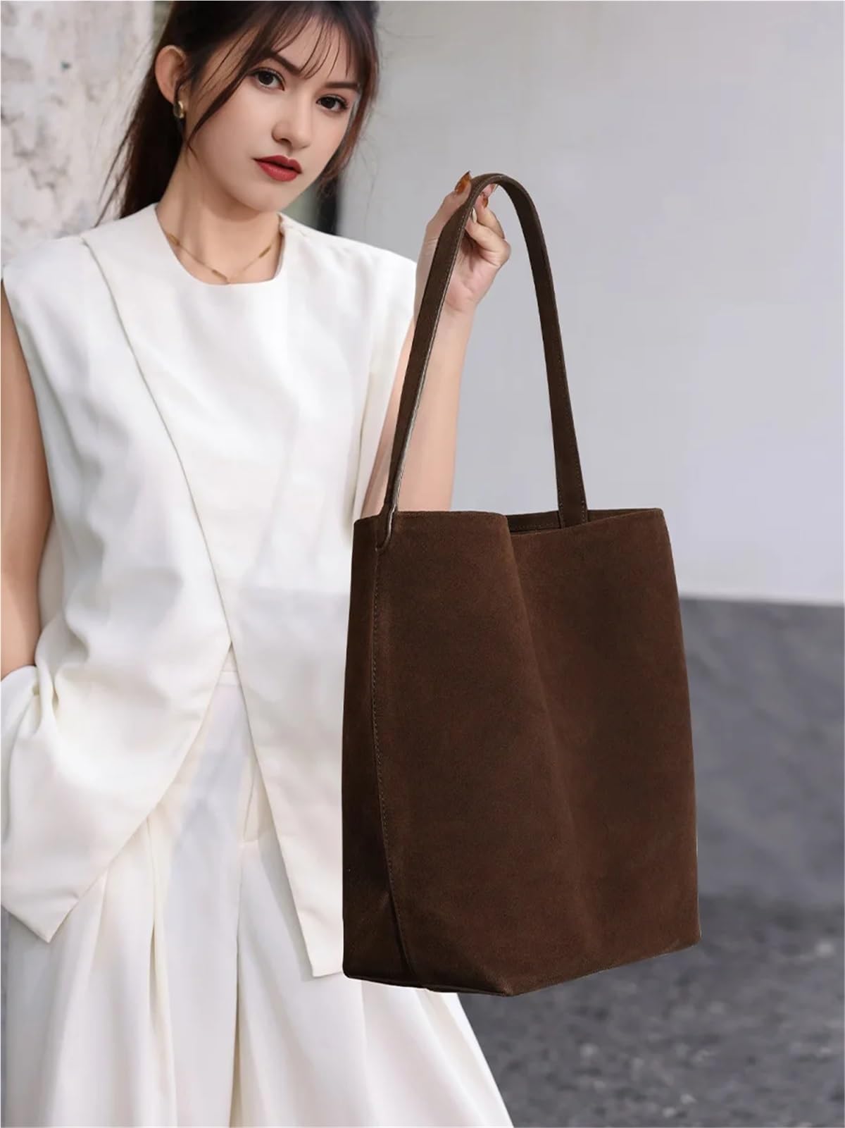 Borsa a tracolla da pendolare in pelle scamosciata donna a secchiello in di grande capacità(Caramel,34-16-24cm)