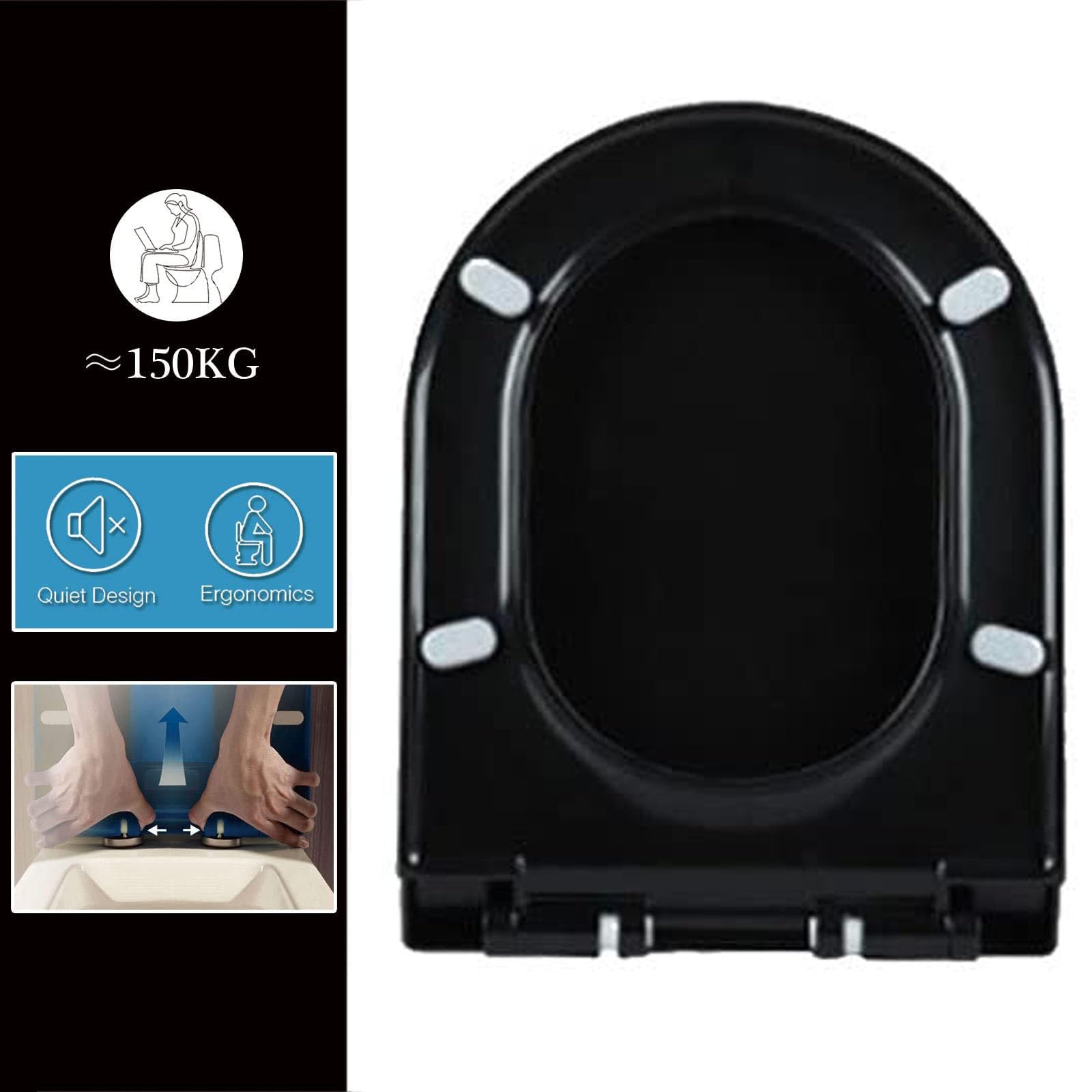 Nero,Sedile WC a Forma di D, Copriwater Universale in PP, Tavoletta WC con Chiusura Ammortizzata, Cerniere Regolabili a 360°, Sgancio Rapido, Facile da Montare e Pulire, 36x46cm