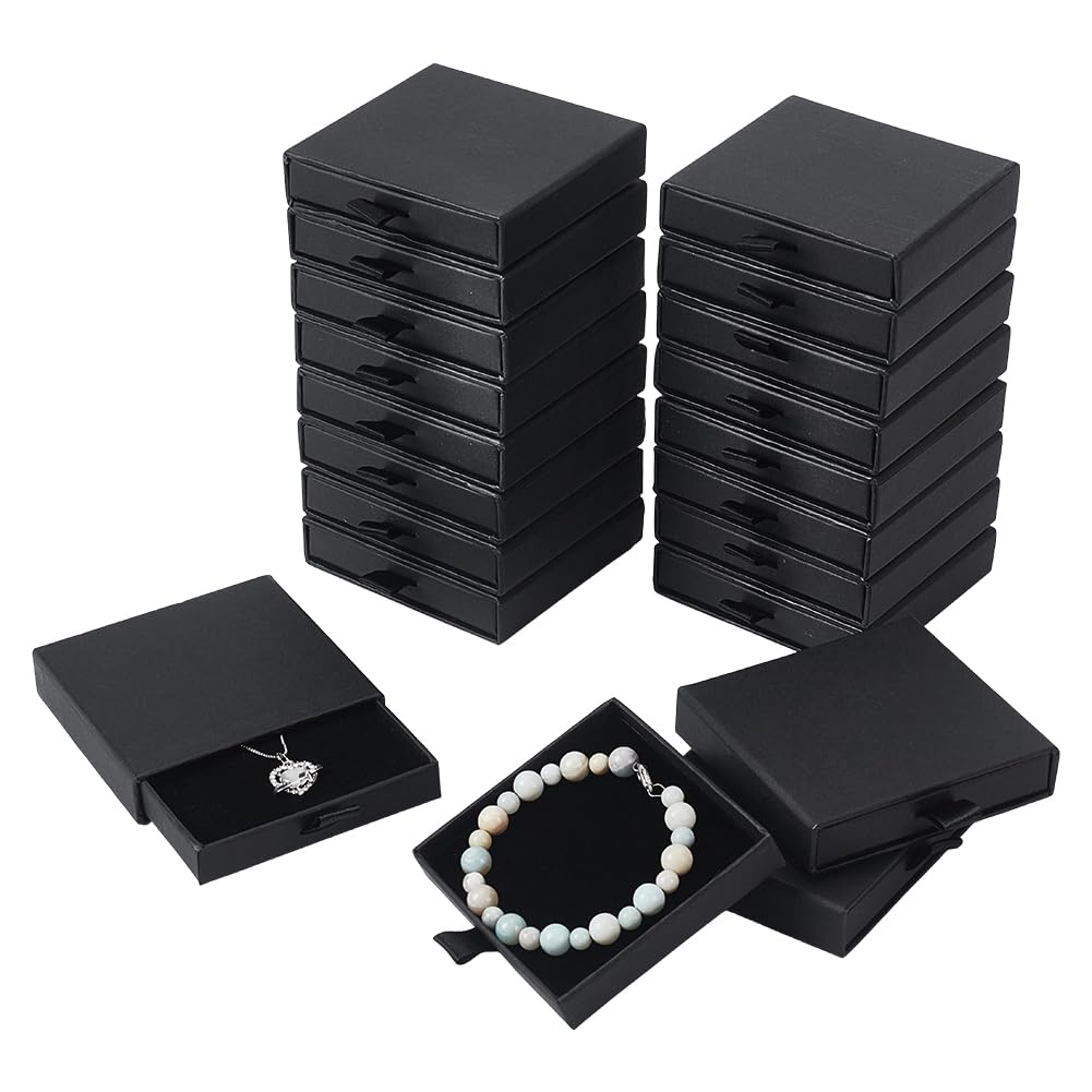 NBEADS 24Pcs Cardboard Jewelry Packaging Boxes, 8.1x7.6x1.8cm Square Jewelry Packaging Box with Lid and Sponge Inside for Ring Necklaces Bracelets Storage, Black