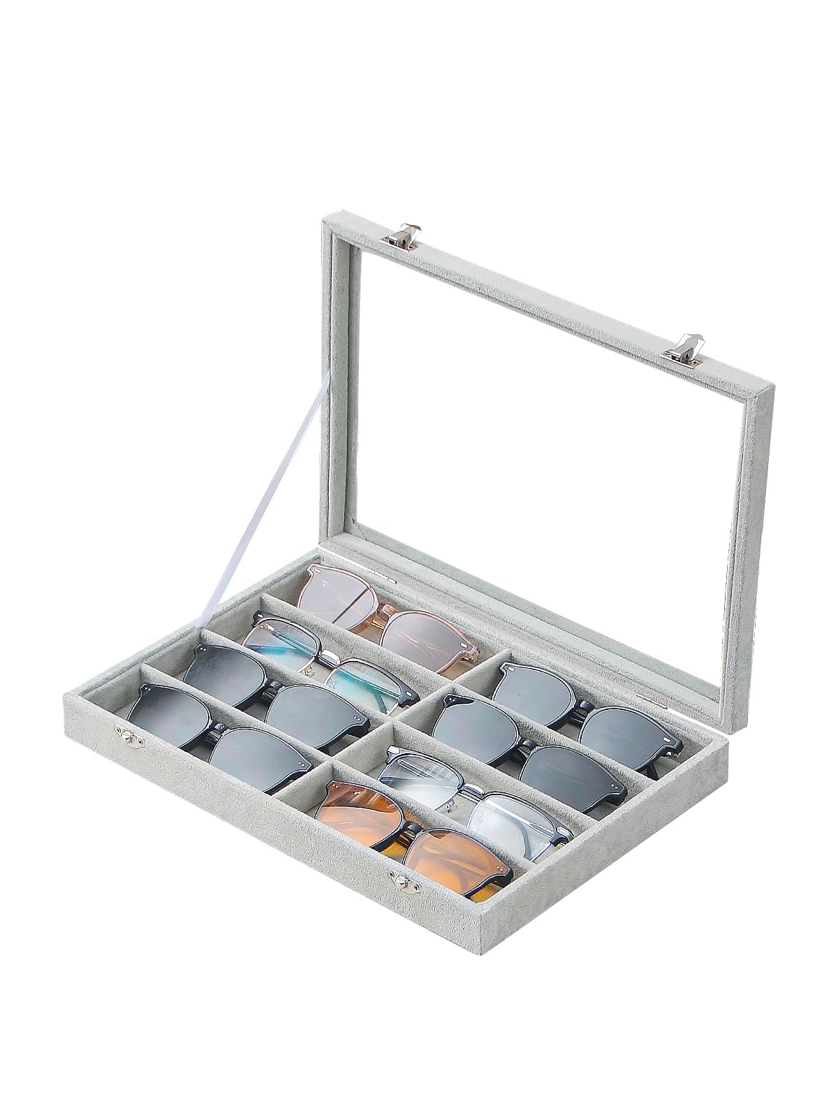 Bandeja organizadora de gafas de sol para joyas, caja de terciopelo gris para gafas, organizador de gafas para escritorio en casa o exhibición de espectáculos de ventas (con tapa)