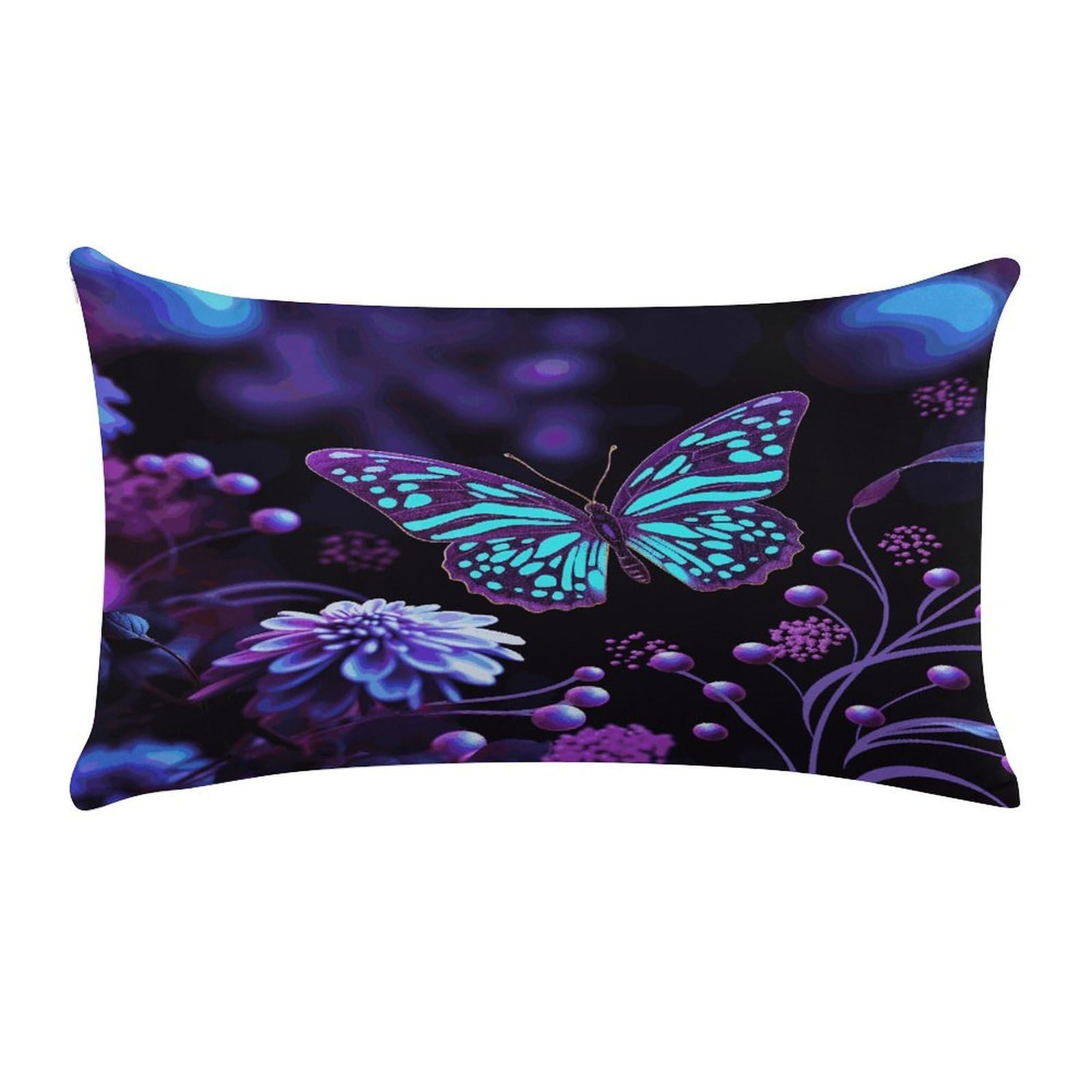 Purple Butterfly and Flowers Pillow Case Decorative Rectangle Throw Pillow Cover Soft Plush Pillowcase Cozy Cushion Case Modern Pillow Sham Cushion Cover for Bedroom Sofa Couch 20 X 12 Inch