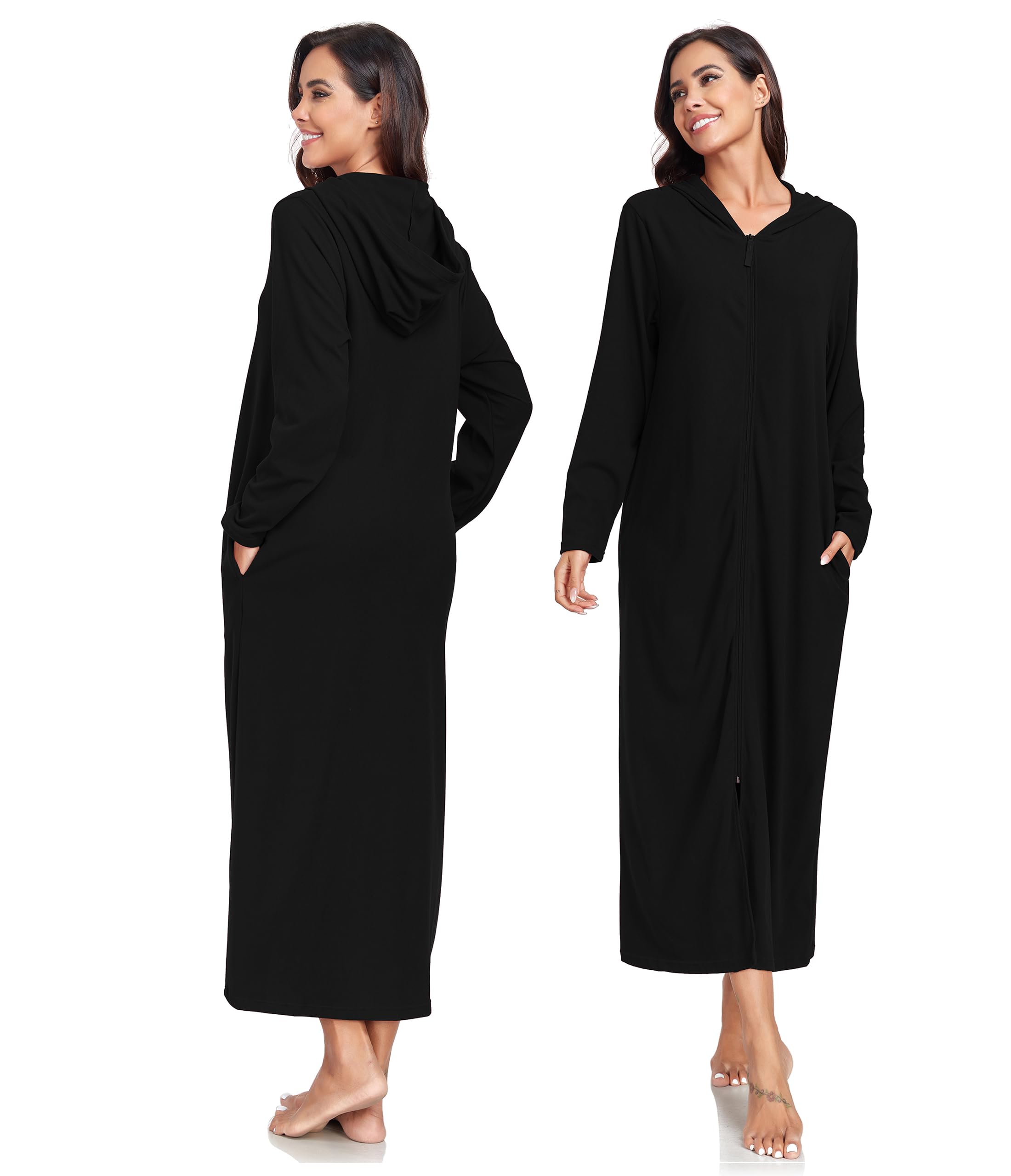 COLORFULLEAF Damen Reißverschluss Bademantel Langarm Kapuze Fleece Bademantel Weich Warm Hausmantel Loungewear mit Taschen