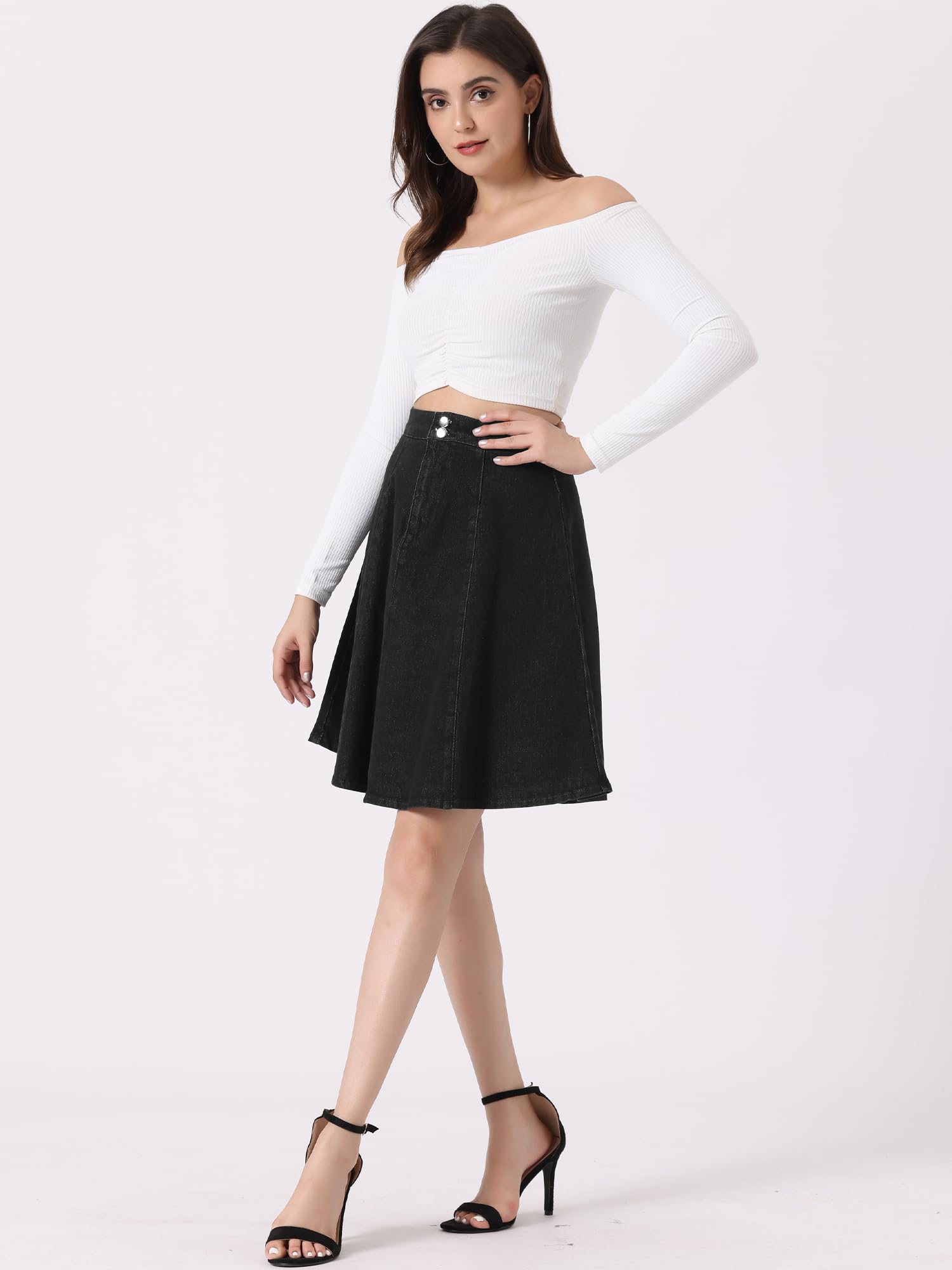 Allegra K Women's Denim Skirt High Waist Stretch Knee Length Flared Casual Jean Skirts: Large Black