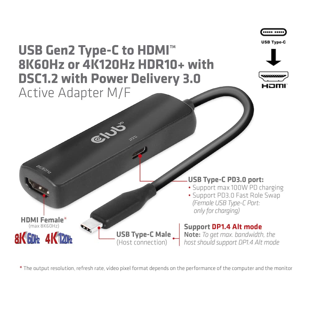 Club 3D CAC-1588 USB Gen2 Type-C a HDMI™ 8K60Hz o 4K120Hz HDR10, DSC1.2, Power Delivery 3.0 Adattatore attivo M/B.