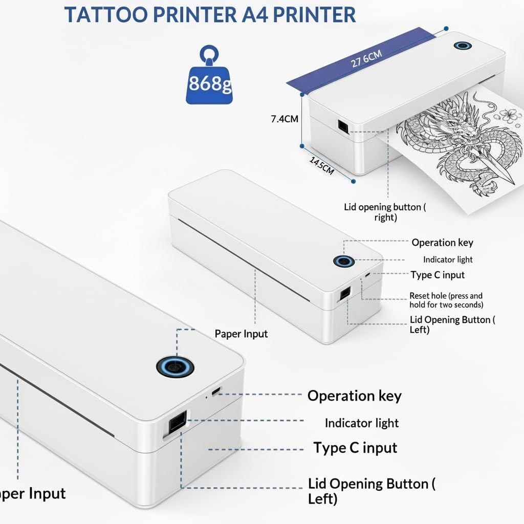 Printer Transfer Template Machine A4 Thermal Education Printer, Tattoo Template with 10 Sheets Paper 1 Roll A4 Label Standard Paper White