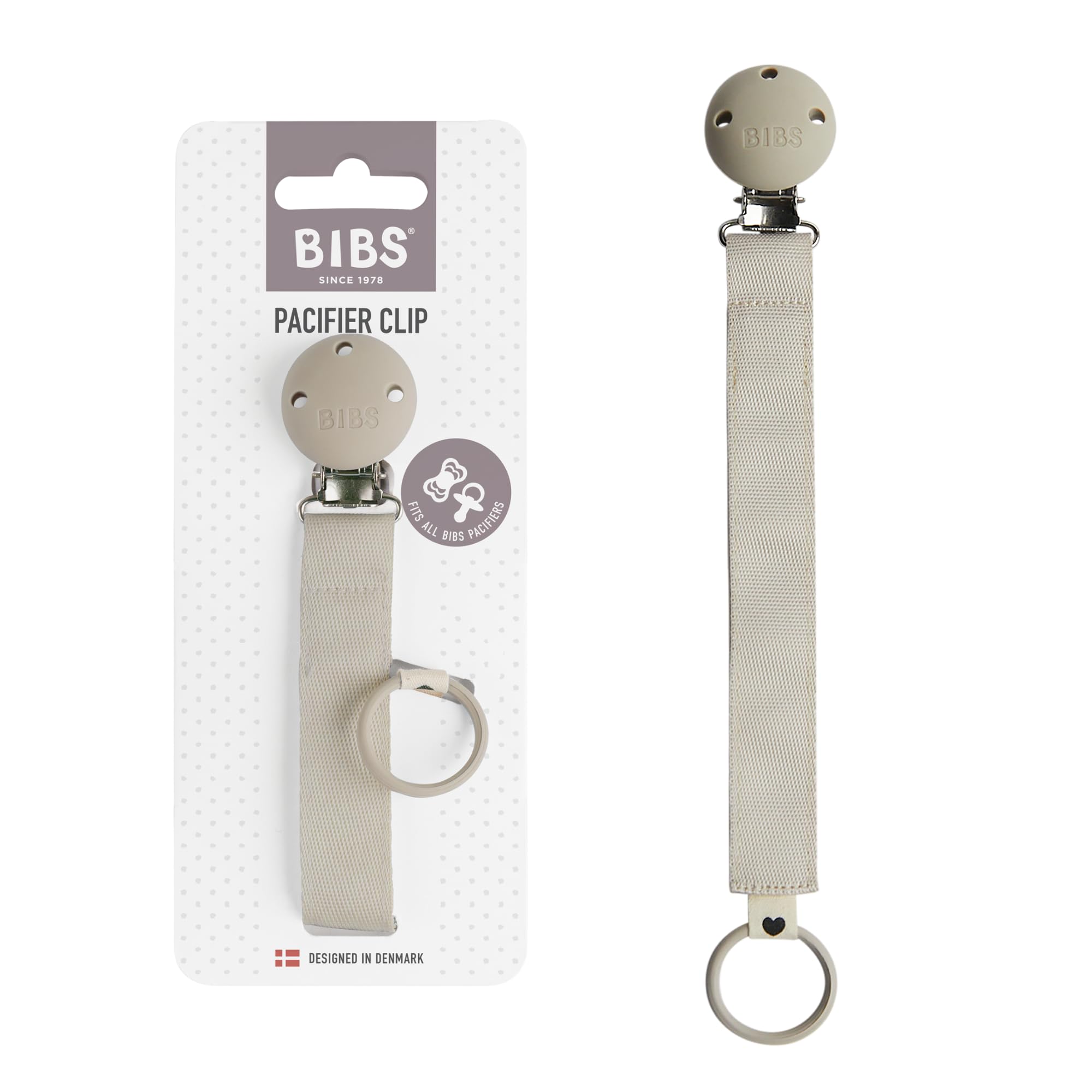 BIBS Pacifier Clip Ribbon - Secure Your Baby's Pacifier with Durable Polyester Webbing and Nickel-Free Metal Clip - Compatible with All BIBS Pacifiers - Sand