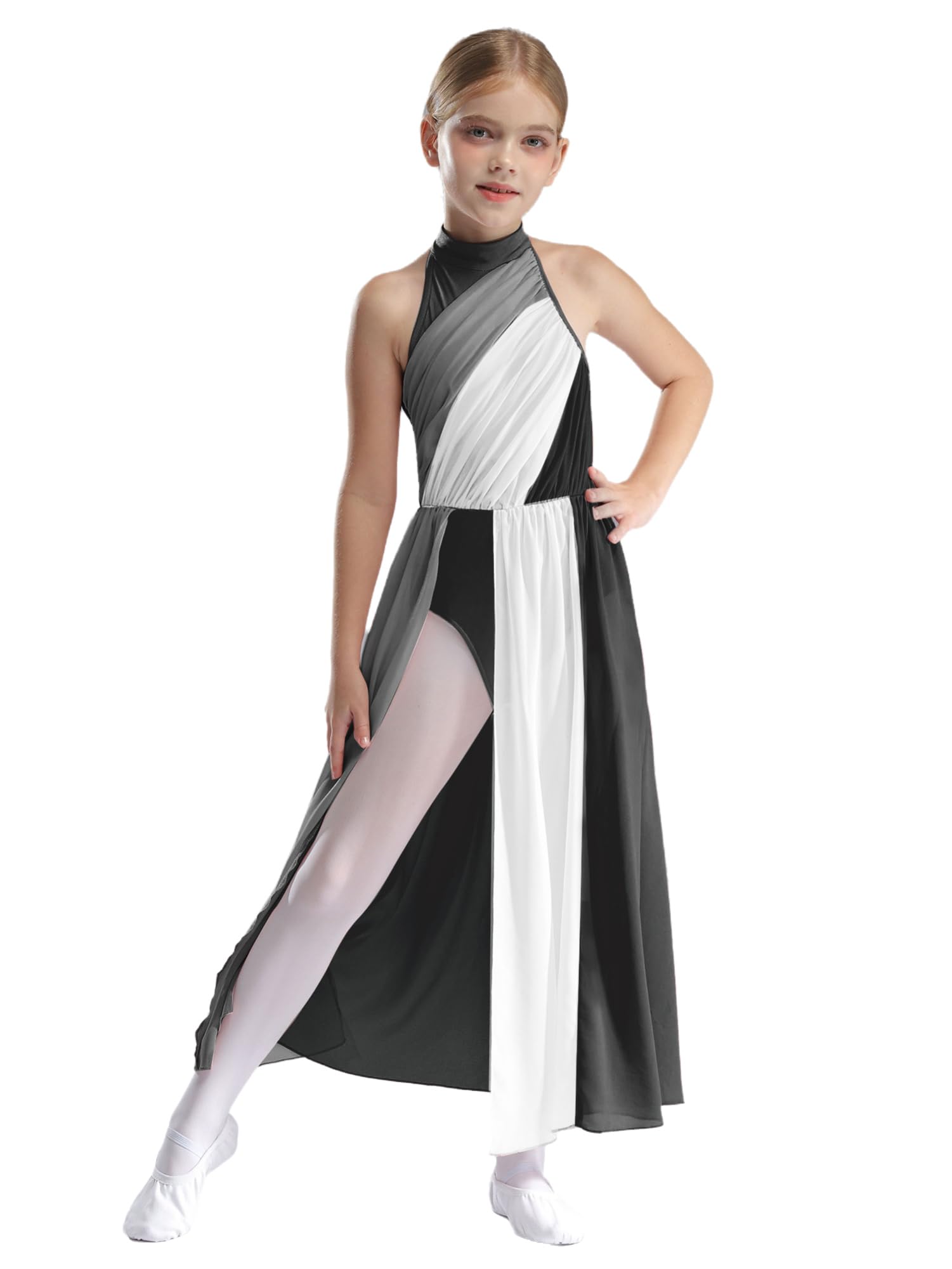 IEFIEL Mädchen Lyrisch Tanzkleid Elegante Ballettkleid Lang Ärmellose Eiskunstlauf Kleid Tango Cha Cha Tanzkleidung Chiffon Kleid