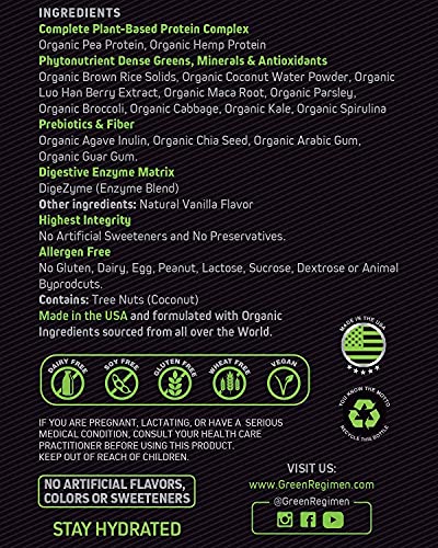 Green Regimen Elite Protein - Organic Plant Based Protein Powder, Vanilla, 25 Grams Of Pea And Hemp Protein, Meal Replacement Protein Shake, Usda Organic, Non-Gmo, Dairy-Free - Vegan - 30 Servings #TOP5