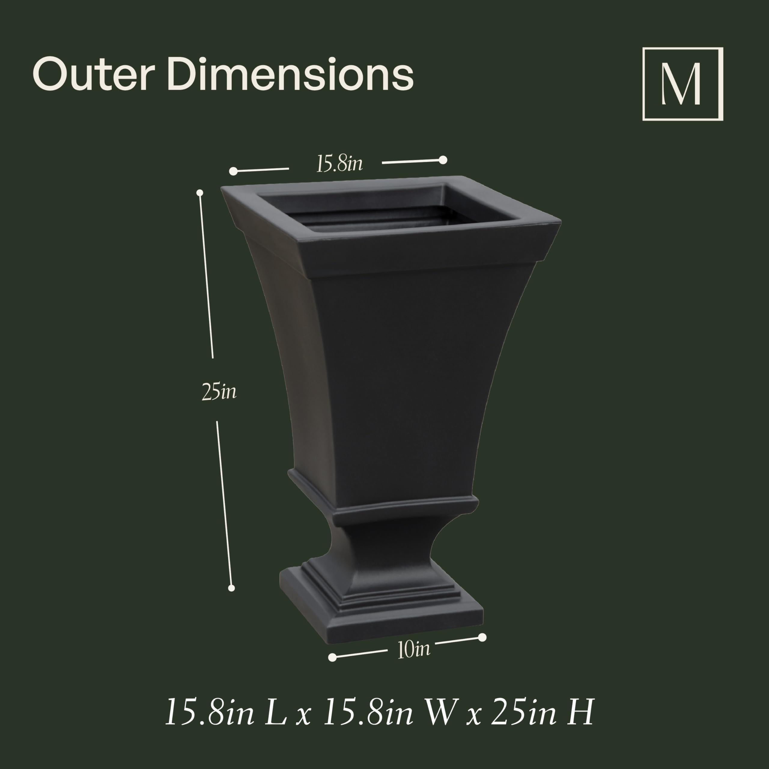 Mayne Vienna 5892-B Urnen-Pflanzgefäß, 63,5 cm hoch, 40,6 cm L x 40,6 cm B x 63,5 cm H, mit integriertem Wasserspeicher, 1,9 l, Schwarz