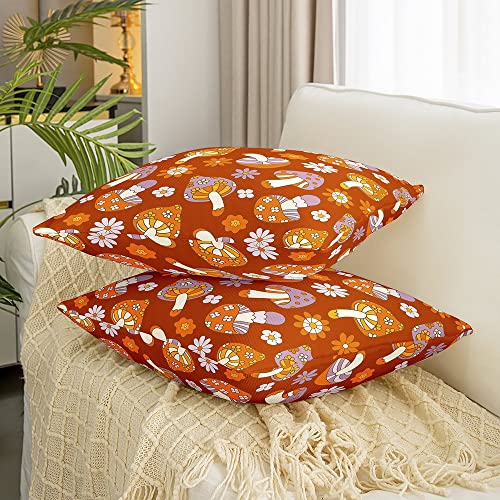 Feelyou Mushroom Square Cushion Covers Set Of 2 Groovy Flower Throw Pillowcases For Sofa Couch Chair Retro Botanical Boho Reversible Throw Pillow Covers For Vintage Psychedelic 18 X 18-Inch #TOP1