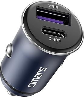Omars Cargador Coche, [USB C 35W + USB A 18W] 5A USB - A y Cargador para vehículos metálicos, con Carga rápida QC3.0, para iPhone 12 Pro MAX Mini Samsung s21 Huawei LG iPad Airpods