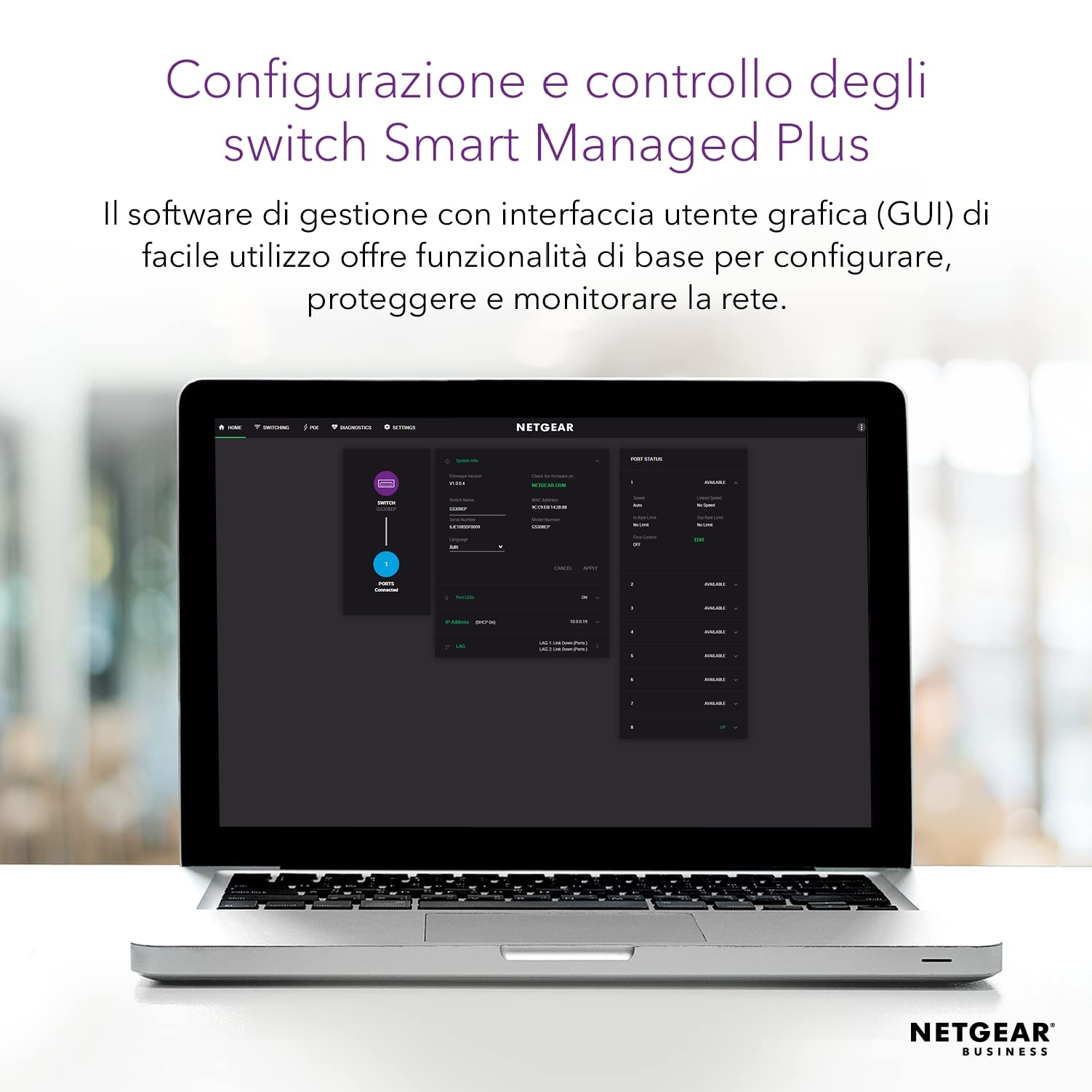 NETGEAR Switch PoE Plus 8 Porte GS308EPP, Supporto VLAN, QoS, Switch Ethernet Gigabit con 8 PoE+ a 123 W, Montaggio Desktop o a Parete