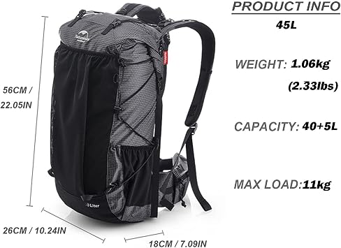 Naturehike Hiking Camping Backpack 45L/65L Lightweight Internal Frame with Rain Cover for Backpacking Outdoor Sports ((40+5) L Black, (40+5) L)