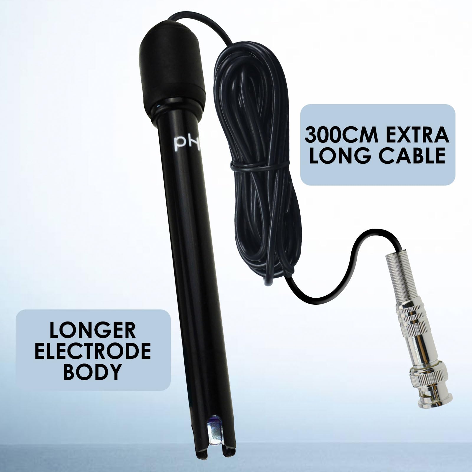 Sonda elettrodo pH sostituibile con connettore BNC - Cavo lungo 300 cm - Include polvere per calibrazione - Per pH metri, controller, test acque, laboratori, piscine e spa