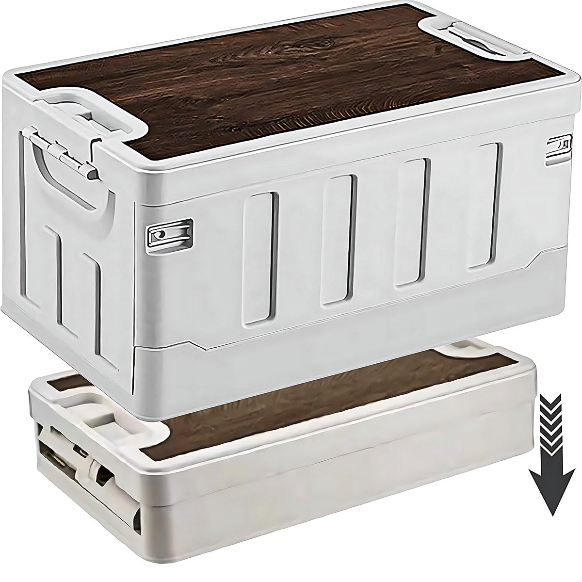 Collapsible Storage Box, Folding Containers Bin Plastic Camping Box With Wood Lid, Stackable Storage Bins Cube Closet Organizer Crate For Clothing Toys Outdoor Indoor Home Camping Picnic Car 40L White