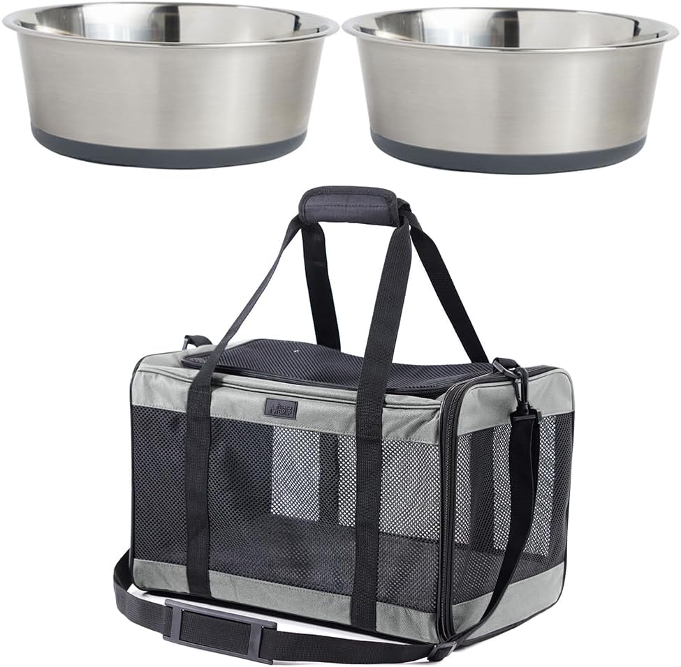 Gorilla Grip Stainless Steel Metal Dog Bowl Set of 2 and Airline Travel Cat Carrier Bag, 6 Cup Heavy Duty Rust Resistant Food Grade Bowl, Breathable Mesh Pet Travel Bag, Both Gray, 2 Item Bundle
