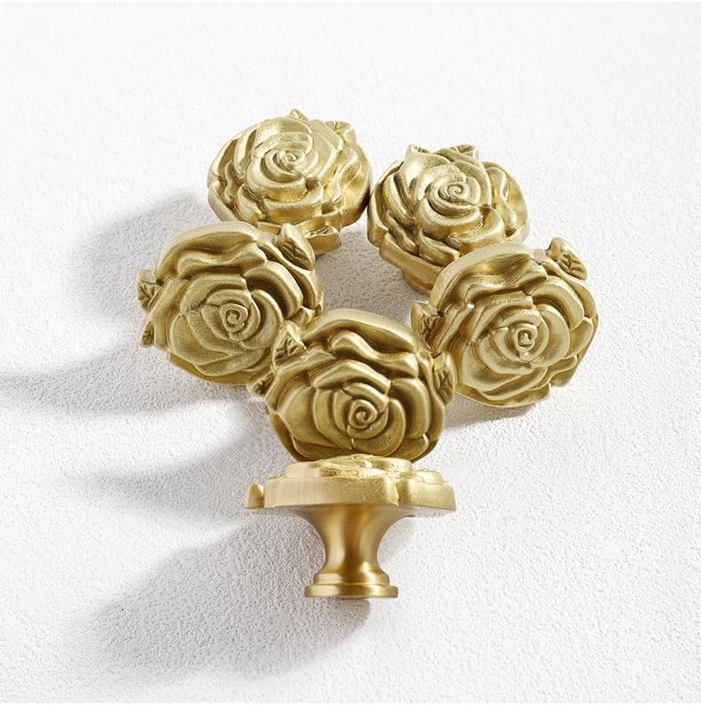 キャビネットおよび引き出し用ノブ キャビネットハンドル 2個パック ソリッドブラス ローズ型ハンドル ゴールドキャビネットドレッサー