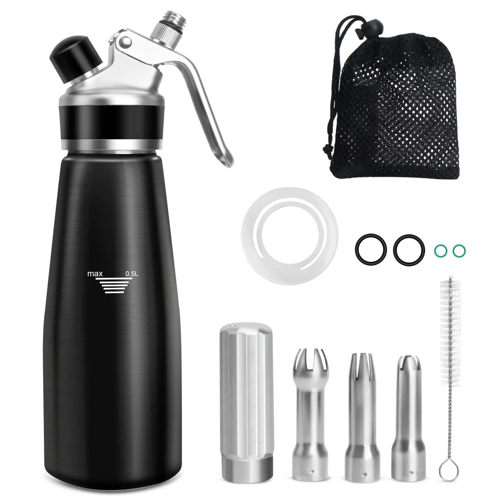 Sifón de Cocina,500 ml sifón de Cocina espumas,sifon de Nata Aluminio para Espumas Dulces Y Saladas Nata Mousse,con 3 boquillas Acero Inoxidable
