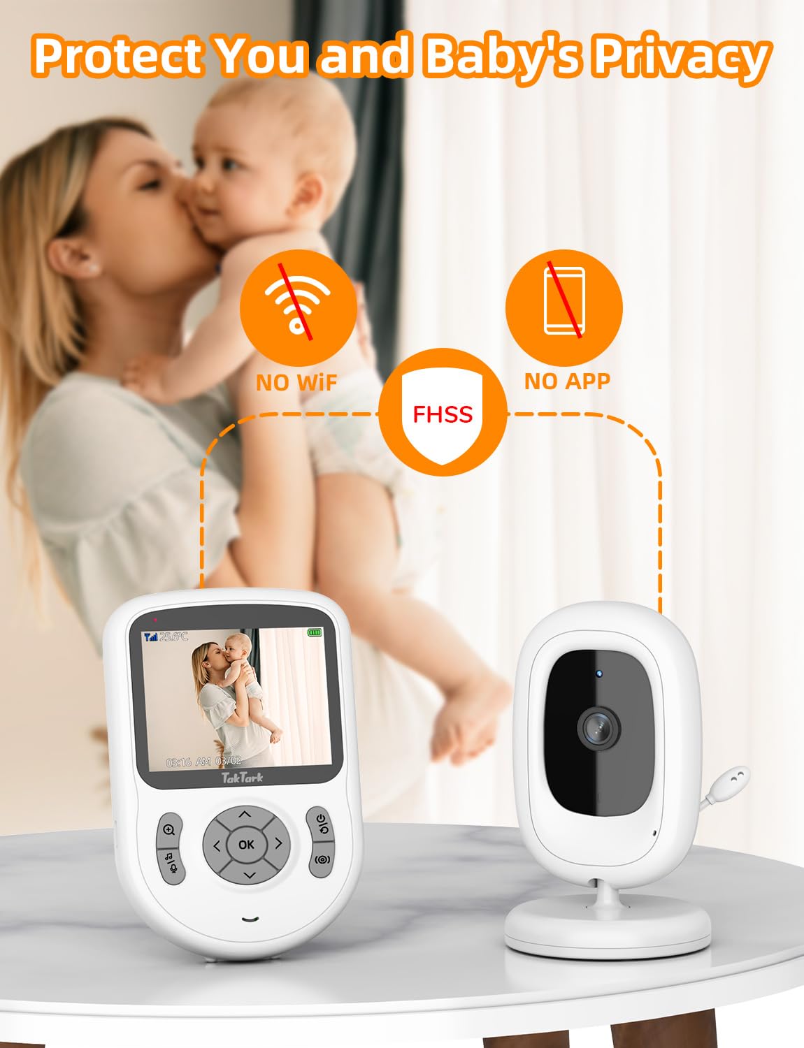 TakTark Elektroniczna niania z kamerą [2,8 cala/720p IPS] elektroniczna niania z kamerą bez Wi-Fi, długi zasięg, akumulator 750 mAh, 2-drożna rozmowa, VOX, 3 × zoom, widoczność w nocy, monitorowanie