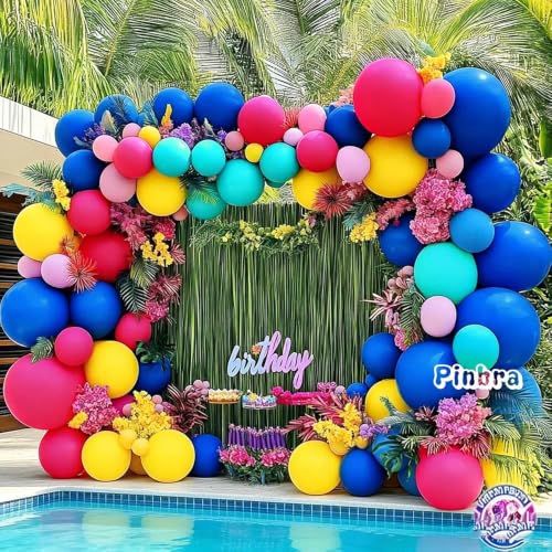 Image of Hot Pink Blue Yellow Balloon Garland, Double Stuffed Royal Blue Teal Lavender Balloons Pastel Balloon Arch Kit for Tropical Hawaii Graduation Birthday Baby Shower Party Decorations