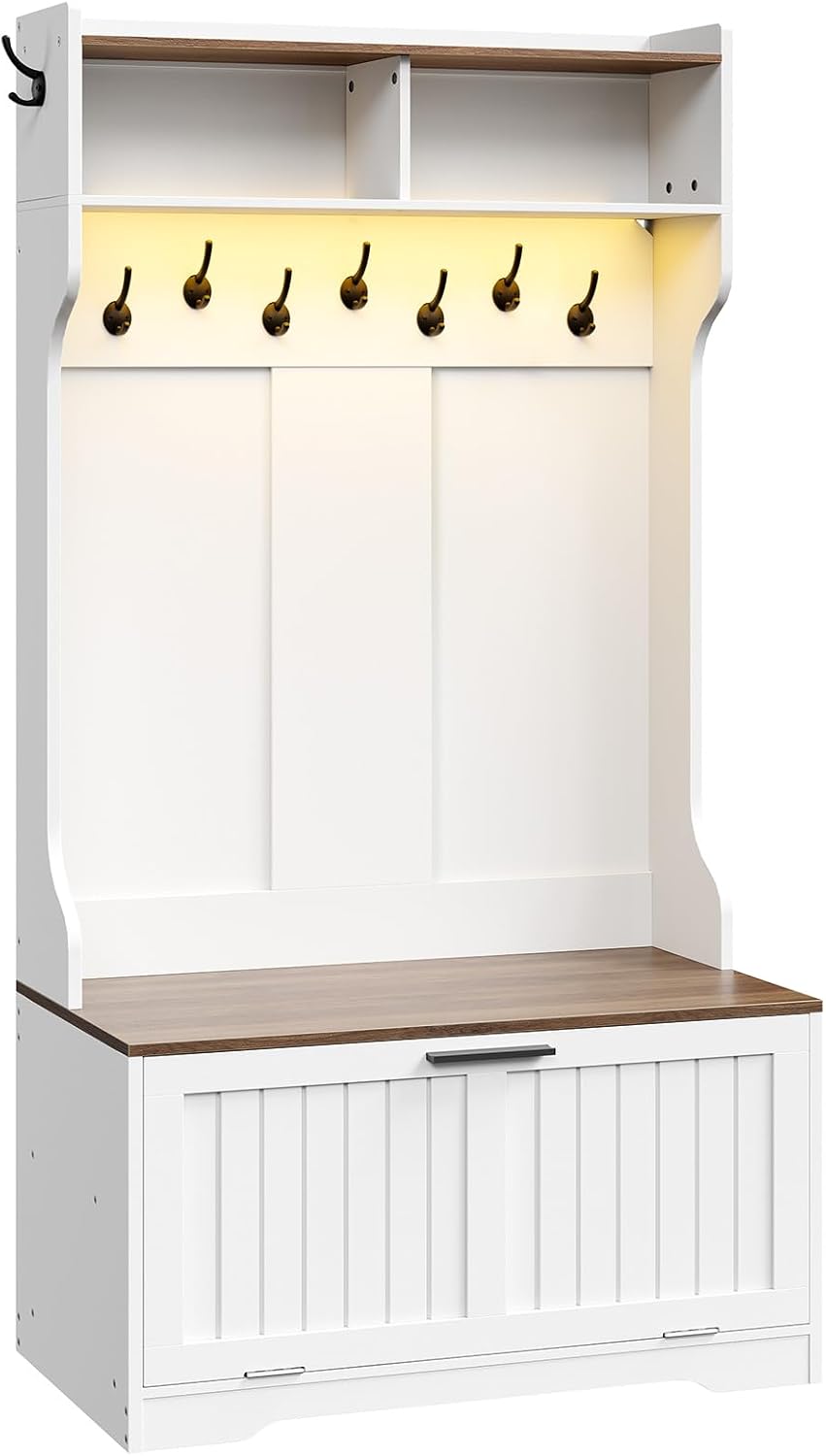 HOOBRO Hall Tree with Bench, 15.7''W Entryway Bench with Coat Rack, Shoe Cabinet with Flip Drawer, LED Hall Tree with 9 Hooks and 2 Open Compartments, Wooden, for Hallway, White and Walnut WH86DMT01