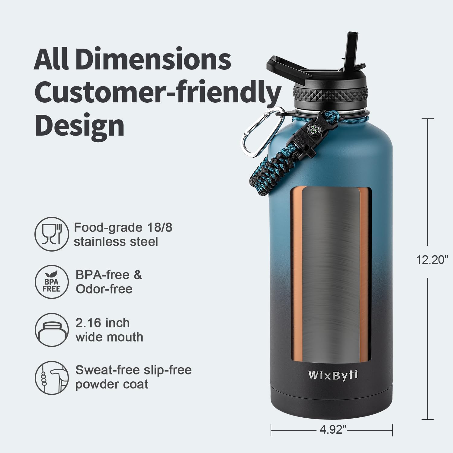 87 oz Insulated Water Bottle with Straw (Cold for 48 Hrs), Half Gallon Stainless Steel Triple Wall Vacuum Sports Water Jug, Leakproof Hydro Cup Flask with Straw Spout Lids & DIY Stickers - Image 6