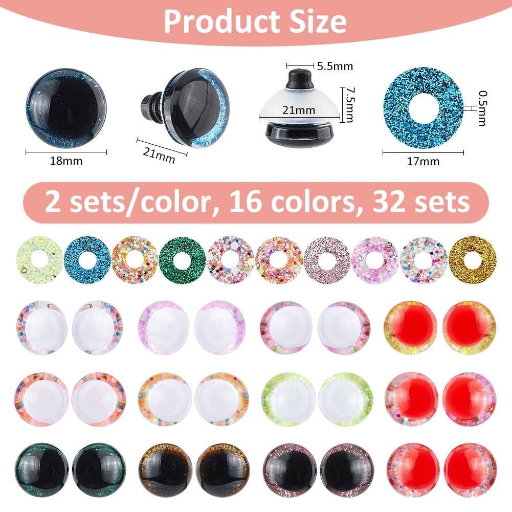 SUPERFINDINGS Juego de 32 ojos de seguridad con purpurina para ganchillo, ojos de gato 3D, 21 mm, ganchillo, ojos de animales, artesanías, ojos de seguridad para animales amigurumi, muñecas, ojos de