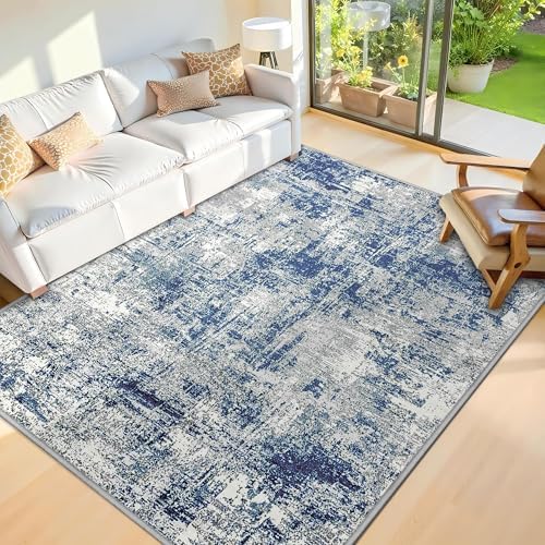 5x7 Area Rugs for Living Room, Machine Washable Vintage Rug, Non-Slip Low Pile Throw Rugs with Rubber Backing Foldable Washable Carpet for Bedroom Dining Room Home Decor, Blue