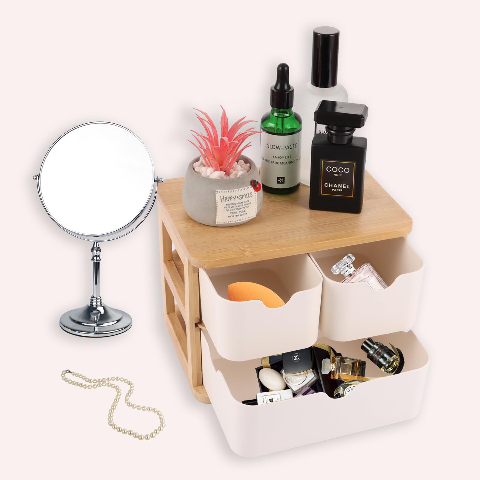 Boîte de Rangement en Bois avec Tiroirs, Boîte Rangement Maquillage Tiroir, Rangement Bureau, Tiroir Rangement Bois, 3 Tiroirs pour Maquillage, Bureau, Maison, École (20x15x15 cm)