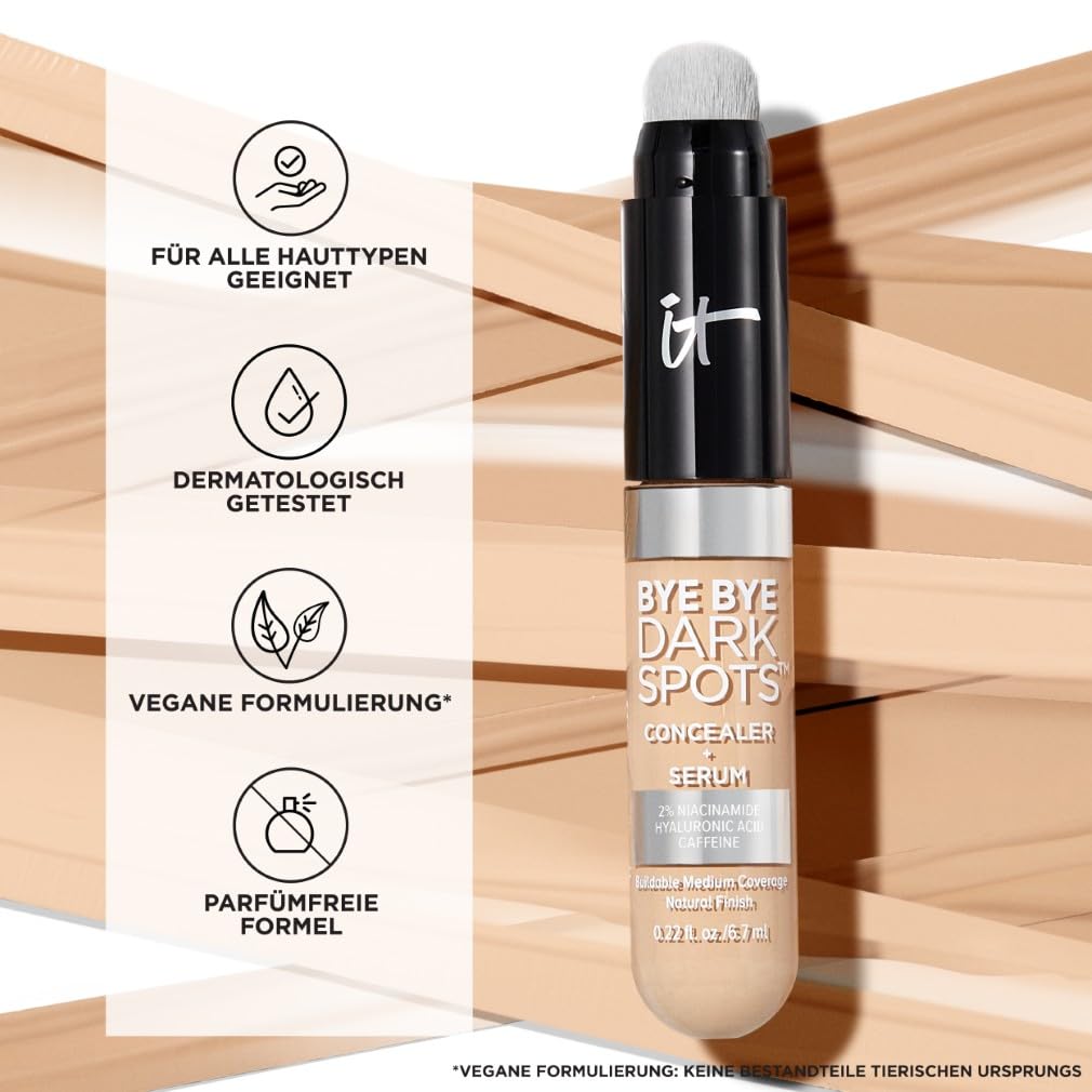IT Cosmetics, Bye Bye Dark Spots Concealer-Serum, mittlere Abdeckung, anpassbar, angereichert mit Niacinamid, Hyaluronsäure & Koffein, 6,7 ml