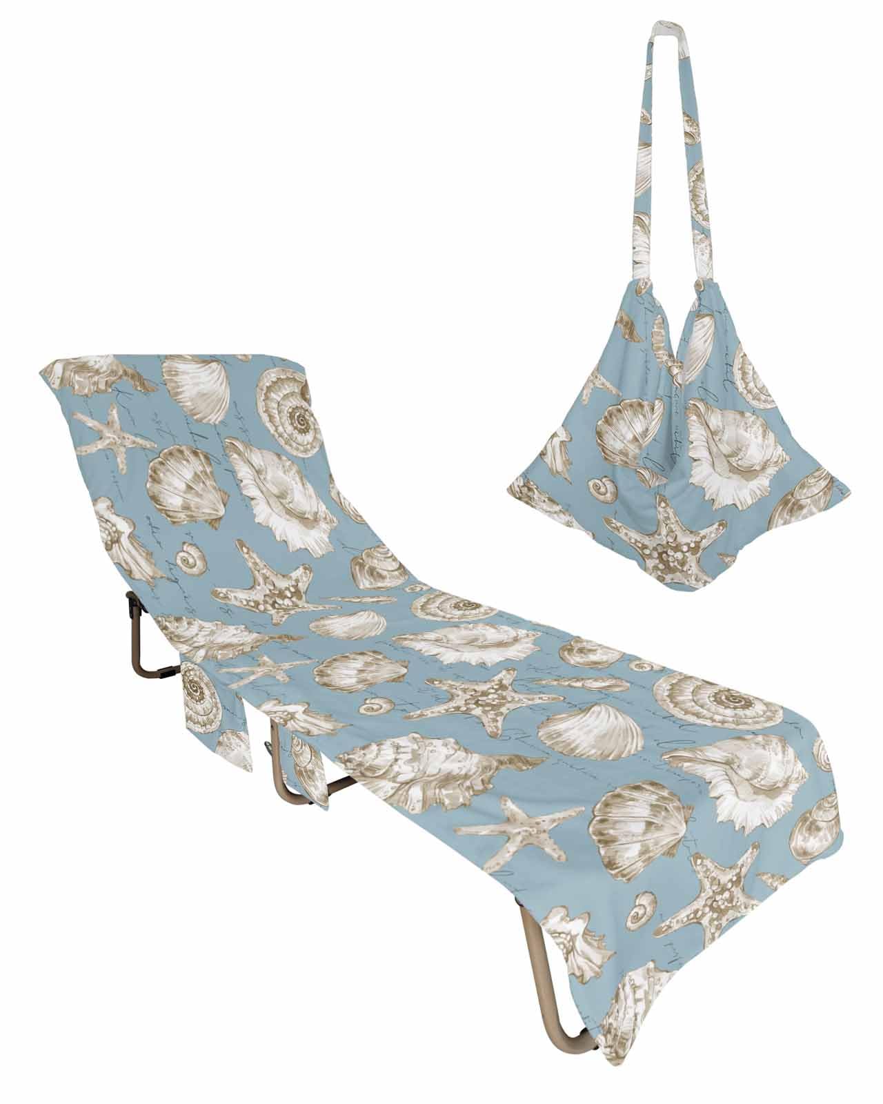Nautical Coastal Beach Lounge Chair Towel Cover, Soft Chaise Lounge Towel with Side Pockets Patio Pool Chairs Cover for Beach/Pool Sunbathing 29x85 Vintage Ocean Shell Conch Sea Starfish