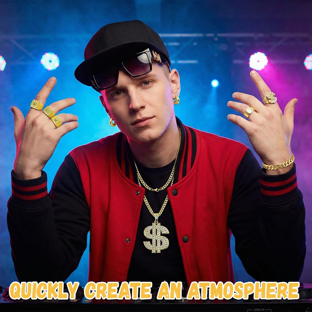 Costume de hip-hop, accessoires de déguisement de rappeur des années 90 avec faux signe de dollar doré disco, collier, bracelet, bagues, boucles d'oreilles, lunettes de soleil et boîte radio gonflable
