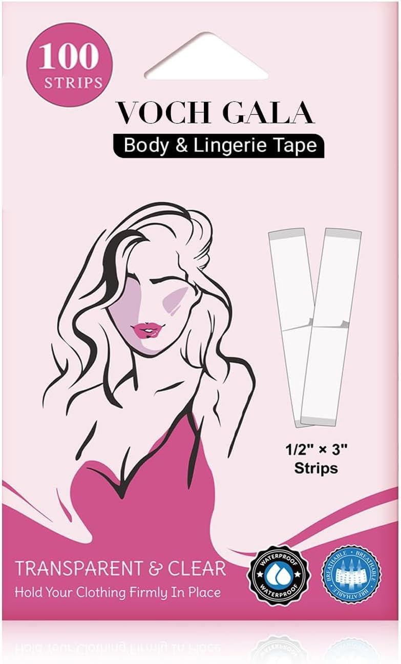 Double Sided Tape for Clothes & Body (100 Strips) – All‑Day Hold Lingerie Tape for Bridal & Wedding Dresses | Hypoallergenic Body Tape for Sensitive Skin |Medical‑Grade Adhesive, Low Residue