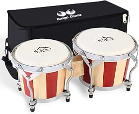 EastRock Conjunto de bongô de 17,8 cm e 20,3 cm para adultos, iniciantes, profissionais, bongôs de madeira e instrumentos de percussão de metal com bolsa e chave de afinação