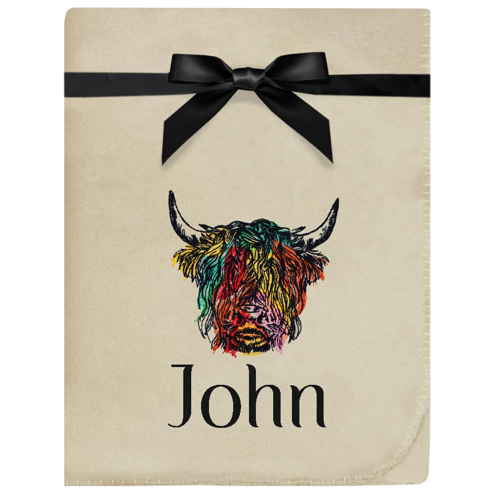 TeddyT's Personalised Colourful Highland Cow Embroidered Sketch Fleece Blanket (Sand)