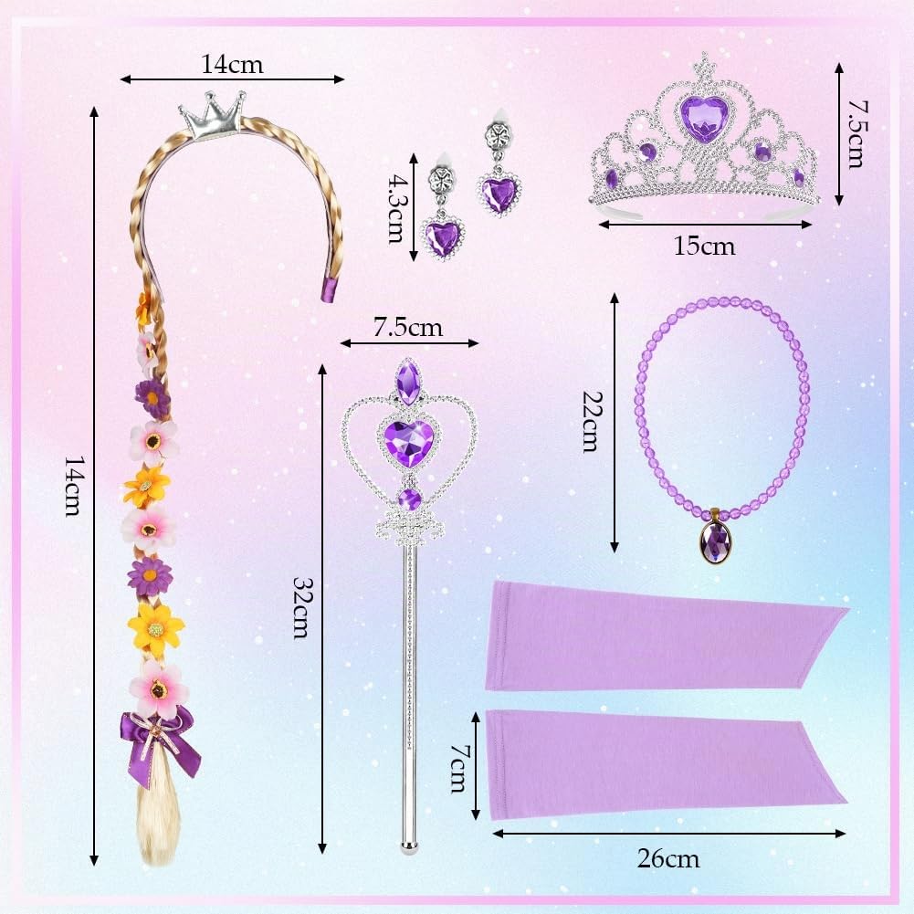 AOOWU 7 Pièces Enfant de Princesse, Costume Princesse avec Princess Wig,Crown,Wand,Necklace, Earrings and Sleeves, Violet Couronne Tulle Maxi Costume Carnaval Enfant pour Halloween Noël Cosplay