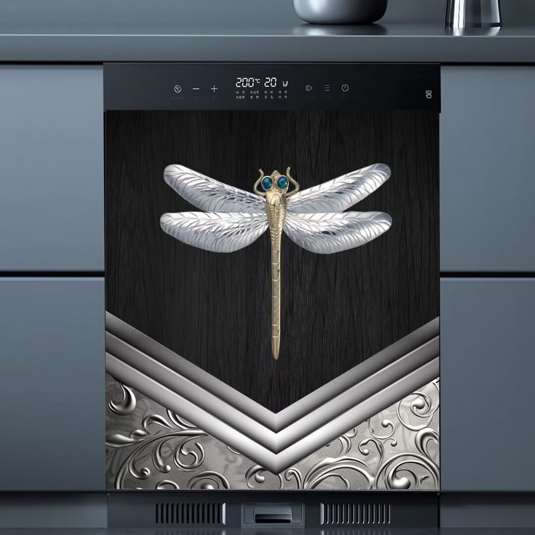 Metal Dragonfly Magnetic Dishwasher Door Cover, Wood Grain Background Stainless Steel Design Refrigerator Door Panel Decal Magnet Kitchen Art Decor 23" x 26" Magnetic