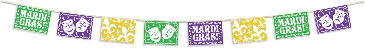 Beistle 59230 Mardi Gras Picador Style Pennant Banner, 8" x 12', Green/Yellow/Purple/White