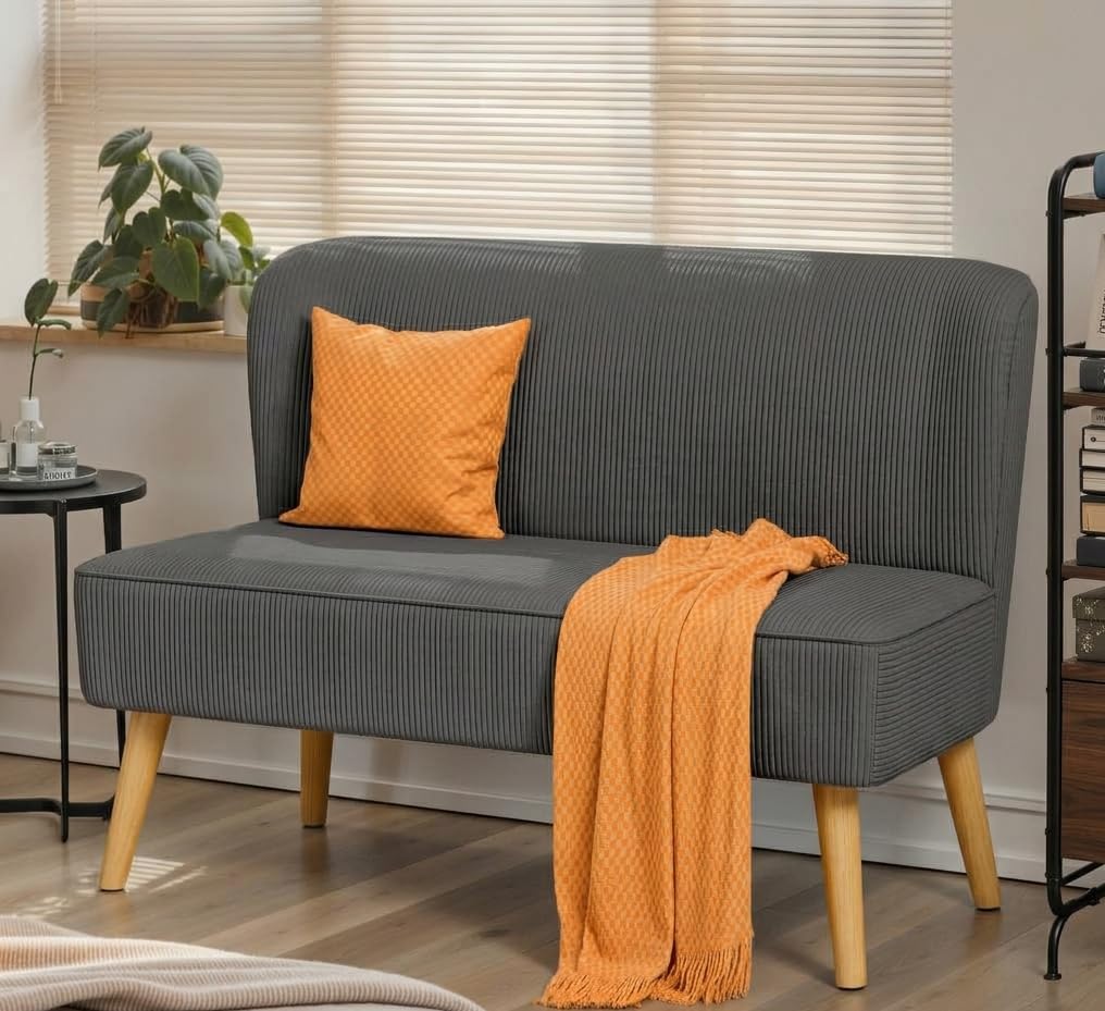Sofá de 2 Plazas, Pequeño Loveseat con Tapizado de Aspecto Terciopelo Acanalado, Sofá Compacto Que Ahorra Espacio para Dormitorio, Salón, Apartamento, 117x56x76cm, Gris
