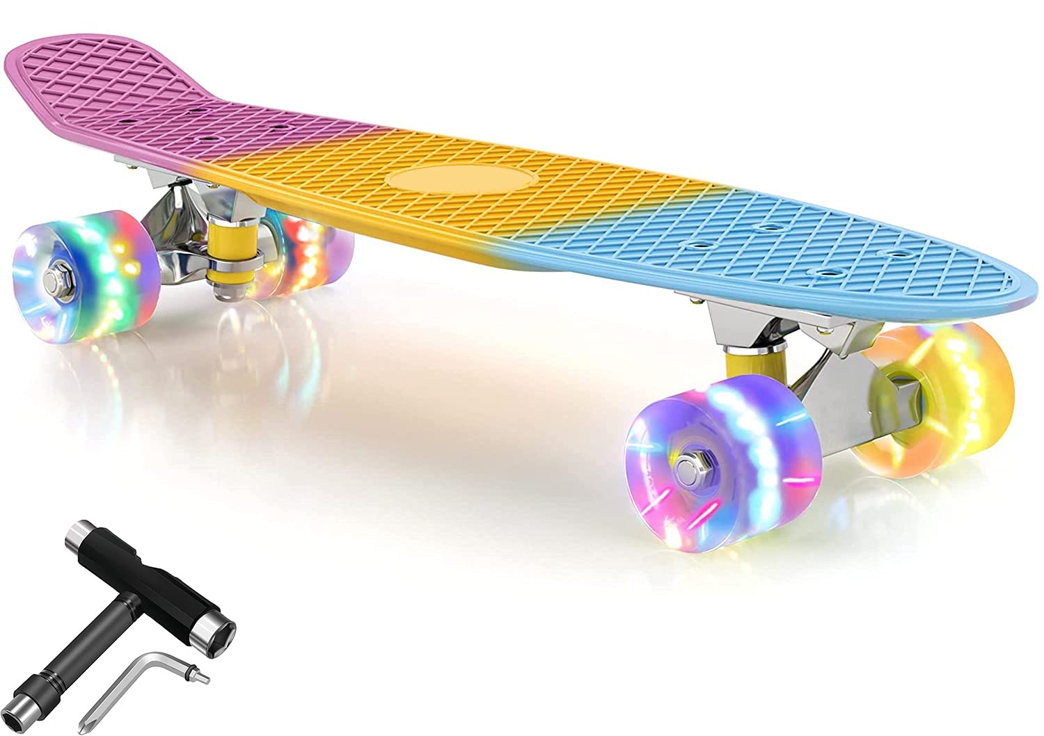 Holahoney 22’’ Mini Cruiser Skateboard for Kids Teens Youth Adult, With Colorful LED Light Up Wheels and All-in-One Penny Skateboard T-Tools, Fully Assembled Beginners Skateboard